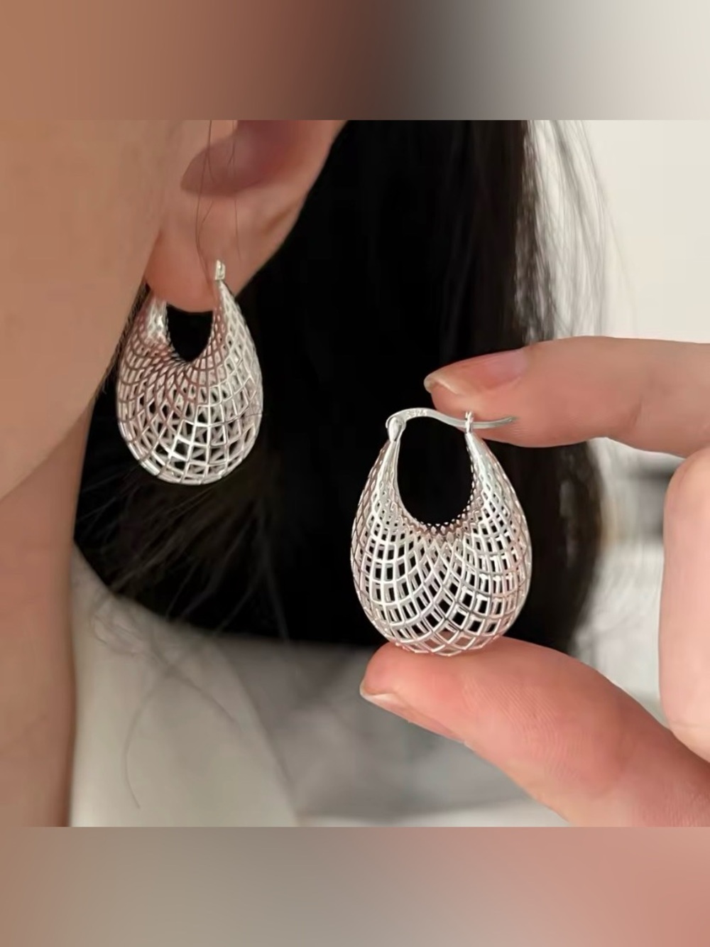 Solid 925 Sterling Silver Web Hoop Earrings